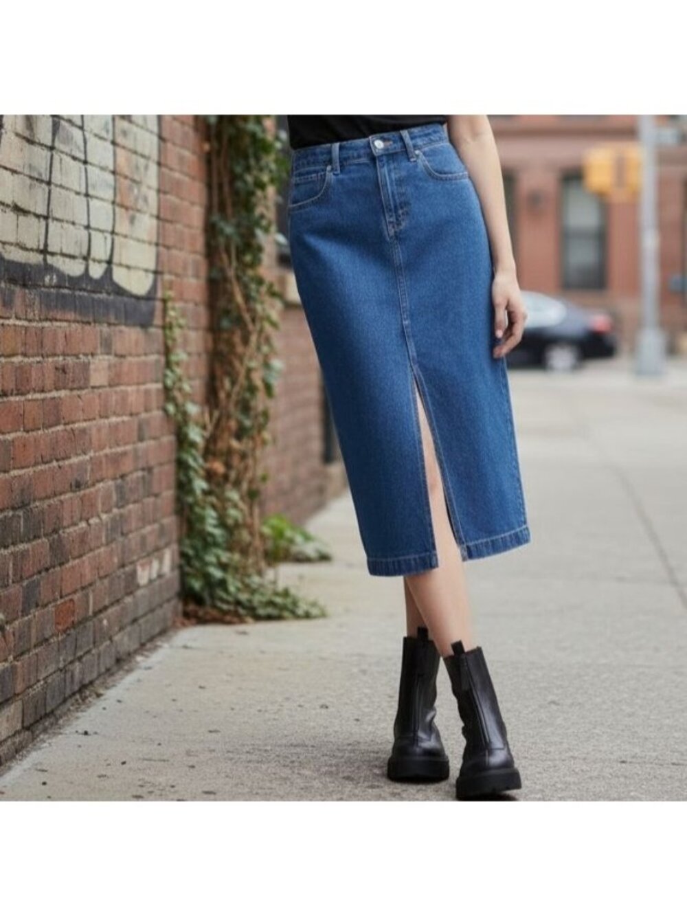 Steve Madden M Cotton Denim Midi Skirt Mid-Rise Slit Hem Retro 90s Classic